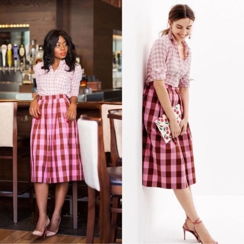 J.Crew Pink Gingham Plaid Bow Skirt Top Matching Set 4